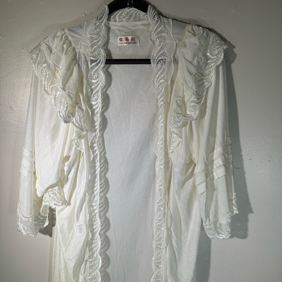 Vintage cream white lace robe puff sleeve maxi fairy nylon coquette girl boho - Picture 12 of 16